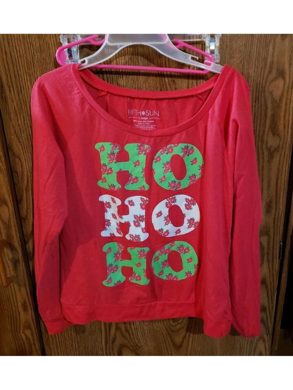 Women's Fifth Sun Christmas Shirt Festive Red Top Ho Ho Ho